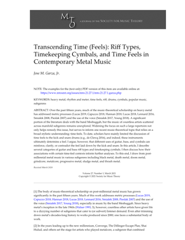 Riff Types, Timekeeping Cymbals, and Time Feels in Contemporary Metal Music