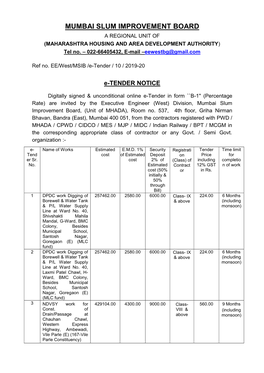 MUMBAI SLUM IMPROVEMENT BOARD a REGIONAL UNIT of (MAHARASHTRA HOUSING and AREA DEVELOPMENT AUTHORITY) Tel No