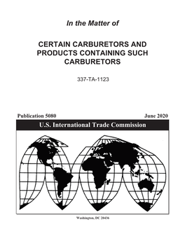 Certain Carburetors and Products Containing Such Carburetors