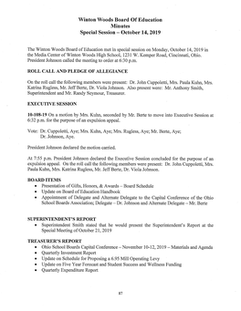 Winton Woods Board of Education Minutes Special Session - October 14, 2019