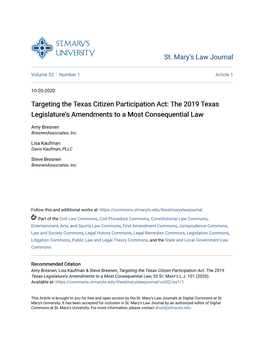 Targeting the Texas Citizen Participation Act: the 2019 Texas Legislature's Amendments to a Most Consequential Law