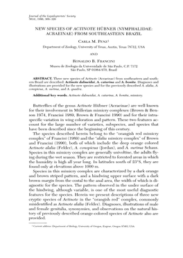 NEW SPECIES of ACTINOTE HOBNER (NYMPHALIDAE: ACRAEINAE) from SOUTHEASTERN BRAZIL Butterflies of the Genus Actinote Hubner (Acrae