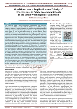 Good Governance: Implications on Principals' Effectiveness in Public Secondary Schools in the South West Region of Cameroon