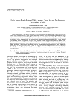 Exploring the Possibilities of Utility Models Patent Regime for Grassroots Innovations in India