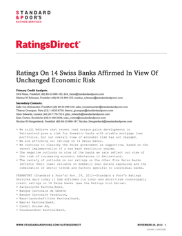 Ratings on 14 Swiss Banks Affirmed in View of Unchanged Economic Risk