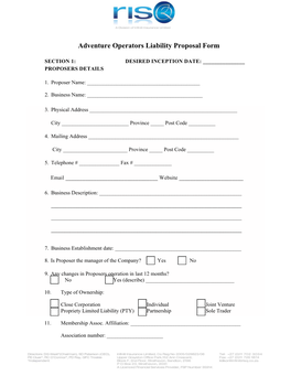 Adventure Operators Liability Proposal Form