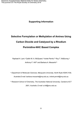 Selective Formylation Or Methylation of Amines Using Carbon Dioxide and Catalysed by a Rhodium Perimidine-NHC Based Complex