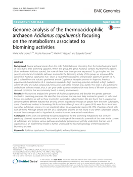 Genome Analysis of the Thermoacidophilic Archaeon Acidianus Copahuensis Focusing on the Metabolisms Associated to Biomining Acti