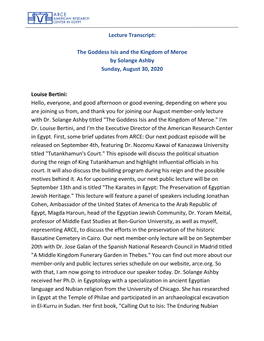 Lecture Transcript: the Goddess Isis and the Kingdom of Meroe By