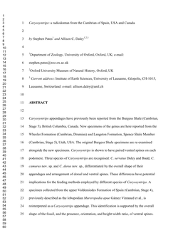 Caryosyntrips: a Radiodontan from the Cambrian of Spain, USA and Canada 4 5 2 6 7 3 by Stephen Pates1 and Allison C