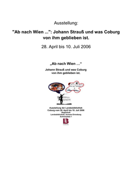 Johann Strauß Und Was Coburg Von Ihm Geblieben Ist. 28. April Bis 10