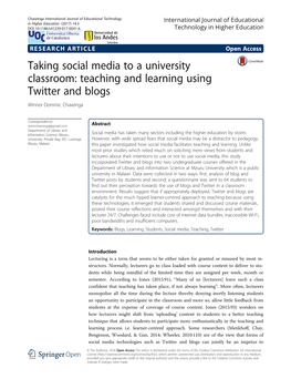 Taking Social Media to a University Classroom: Teaching and Learning Using Twitter and Blogs Winner Dominic Chawinga