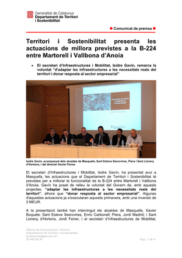 Territori I Sostenibilitat Presenta Les Actuacions De Millora Previstes a La B-224 Entre Martorell I Vallbona D’Anoia