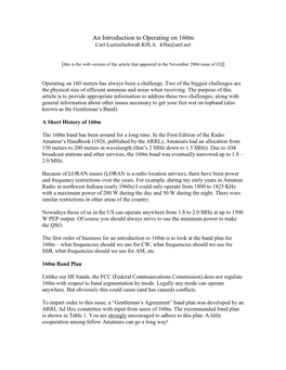 An Introduction to Operating on 160M Carl Luetzelschwab K9LA K9la@Arrl.Net