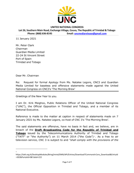 Letter of Complaint – UNC to GML, 11 Jan 21