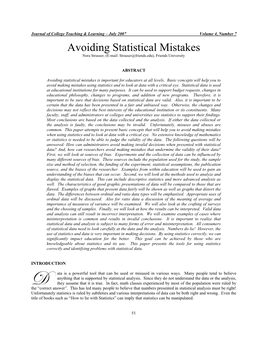 Avoiding Statistical Mistakes Nora Strasser, (E-Mail: Strasser@Friends.Edu), Friends University