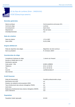 CC Du Pays De Lumbres (Siren : 246201016)