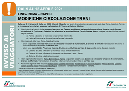 Dal 9 Al 12 Aprile 2021 Linea Roma – Napoli Modifiche Circolazione Treni