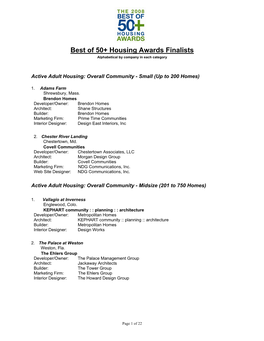 Best of 50+ Housing Awards Finalists Alphabetical by Company in Each Category