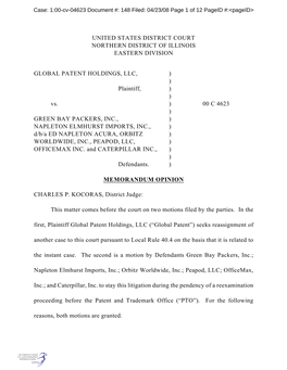 UNITED STATES DISTRICT COURT NORTHERN DISTRICT of ILLINOIS EASTERN DIVISION GLOBAL PATENT HOLDINGS, LLC, ) ) Plaintiff, ) )