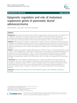 Epigenetic Regulation and Role of Metastasis Suppressor Genes in Pancreatic Ductal Adenocarcinoma Wolf Arif Mardin1, Joerg Haier2* and Soeren Torge Mees1