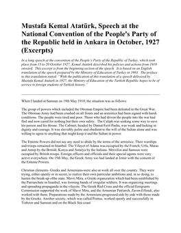 Mustafa Kemal Atatürk, Speech at the National Convention of the People's Party of the Republic Held in Ankara in October, 1927 (Excerpts)