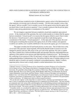 OPEN and CLOSED JUDICIAL REVIEW of AGENCY ACTION: the CONFLICTING US and ISRAELI APPROACHES Michael Asimow & Yoav Dotan*