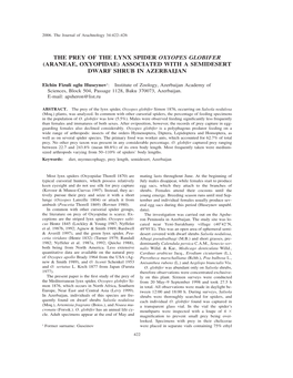 The Prey of the Lynx Spider Oxyopes Globifer (Araneae, Oxyopidae) Associated with a Semidesert Dwarf Shrub in Azerbaijan