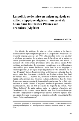 La Politique De Mise En Valeur Agricole En Milieu Steppique Algérien : Un Essai De Bilan Dans Les Hautes Plaines Sud Oranaises (Algérie)