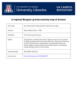 A Regional Bouguer Gravity Anomaly Map of Arizona