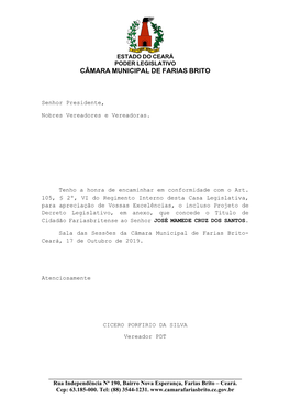 Estado Do Ceará Poder Legislativo Câmara Municipal De Farias Brito