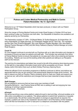 Putnoe and Linden Medical Partnership and Walk in Centre Patient Newsletter No 13 April 2021