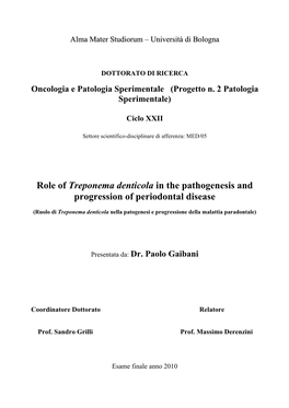 Role of Treponema Denticola in the Pathogenesis and Progression of Periodontal Disease