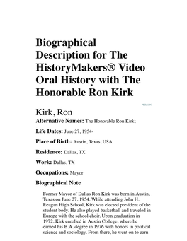 Biographical Description for the Historymakers® Video Oral History with the Honorable Ron Kirk