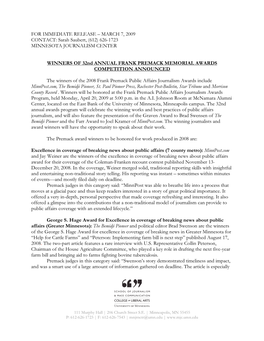 MARCH 7, 2009 CONTACT: Sarah Saubert, (612) 626-1723 MINNESOTA JOURNALISM CENTER