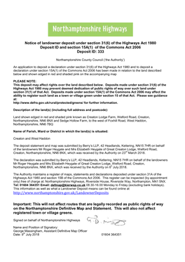 Notice of Landowner Deposit Under Section 31(6) of the Highways Act 1980 Deposit ID and Section 15A(1) of the Commons Act 2006 Deposit ID: 333