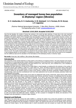 Inventory of Managed Honey Bee Population in Zhytomyr Region (Ukraine)