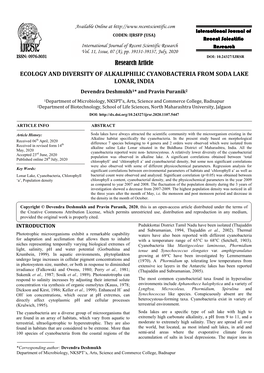 Research Article ECOLOGY and DIVERSITY of ALKALIPHILIC CYANOBACTERIA from SODA LAKE LONAR, INDIA