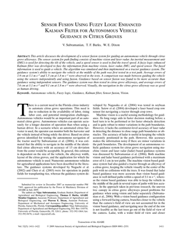 Sensor Fusion Using Fuzzy Logic Enhanced Kalman Filter for Autonomous Vehicle Guidance in Citrus Groves