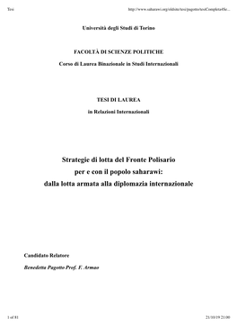 Strategie Di Lotta Del Fronte Polisario Per E Con Il Popolo Saharawi: Dalla Lotta Armata Alla Diplomazia Internazionale