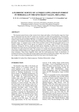 A Floristic Survey of a Unique Lowland Rain Forest in Moraella in the Knuckles Valley, Sri Lanka