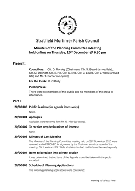 Minutes of the Planning Committee Meeting Held Online on Thursday, 10Th December @ 6.30 Pm Present