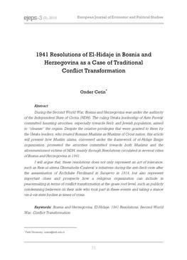 1941 Resolutions of El-Hidaje in Bosnia and Herzegovina As a Case of Traditional Conflict Transformation