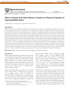 Effect of Variety and Initial Moisture Content on Physical Properties of Improved Millet Grains