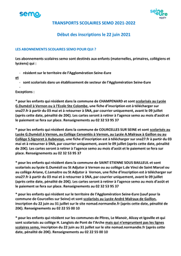 TRANSPORTS SCOLAIRES SEMO 2021-2022 Début Des Inscriptions Le 22 Juin 2021