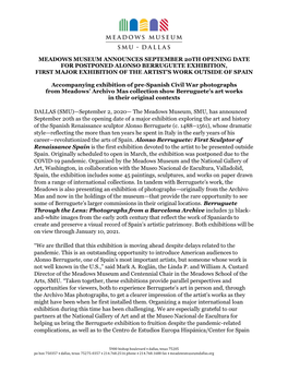 Meadows Museum Announces September 20Th Opening Date for Postponed Alonso Berruguete Exhibition, First Major Exhibition of the Artist’S Work Outside of Spain