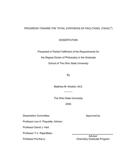 Progress Toward the Total Synthesis of Paclitaxel (Taxol®)