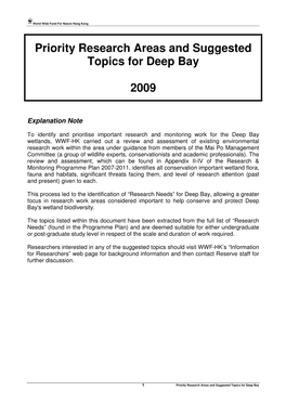 Priority Research Areas and Suggested Topics for Deep Bay 2009