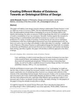 Creating Different Modes of Existence. Towards an Ontological Ethics of Design