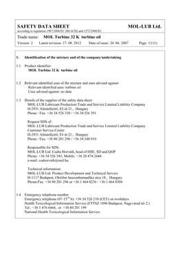 SAFETY DATA SHEET MOL-LUB Ltd. According to Regulation 1907/2006/EC (REACH) and 1272/2008/EC